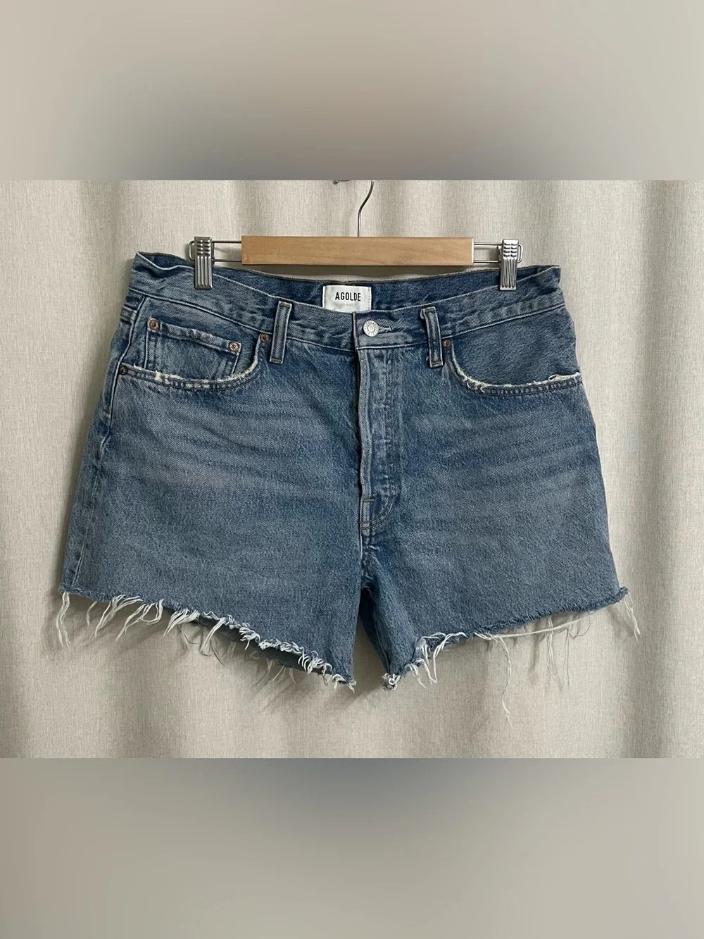 AGOLDE Parker Long Shorts Size 31 High Rise Raw Hem Regenerative Cotton